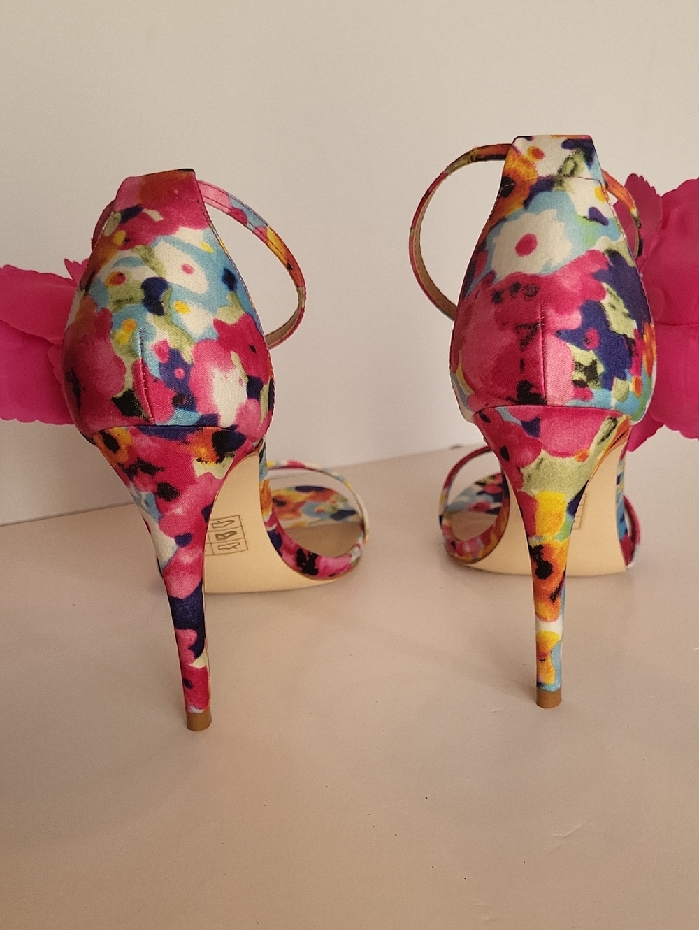 JustFab Multicolor Floral Stiletto Sandals with Hot Pink Rose - Picture 5 of 5